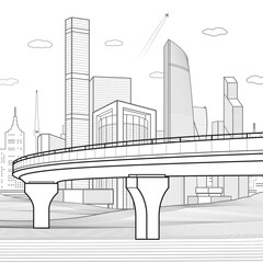 Black outlines Infrastructure town illustration. Сar overpass. Modern city at white background, tower and skyscrapers, business building, plane is flying. Vector design art