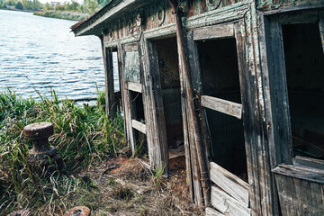 Abandoned floating boat restaurant in the harbour of ghost town Pripyat, Chernobyl, Ukraine. Ship