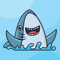 happy shark on the ocean cartoon vector icon illustration logo mascot hand drawn concept trandy cartoon	