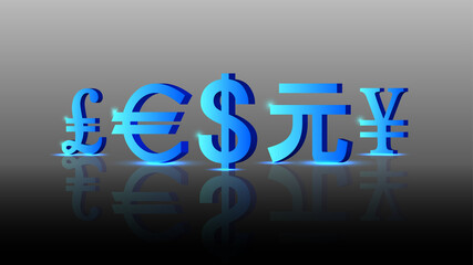 3d cyan volumetric symbols of world currencies. Dollar, pound, euro, yuan and yen financial signs with mirror reflection on gray background