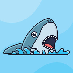 happy shark on the ocean cartoon vector icon illustration logo mascot hand drawn concept trandy cartoon	