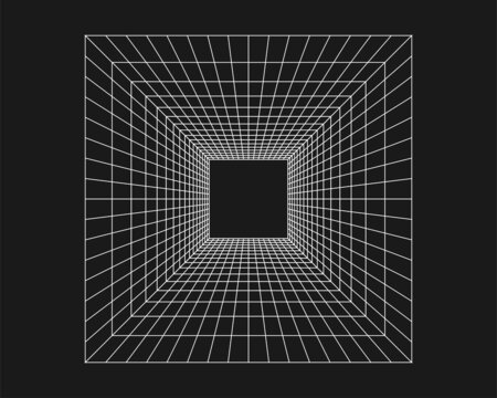 Fototapeta Cyber grid, retro punk perspective rectangular tunnel. Grid tunnel geometry on black background. Vector illustration