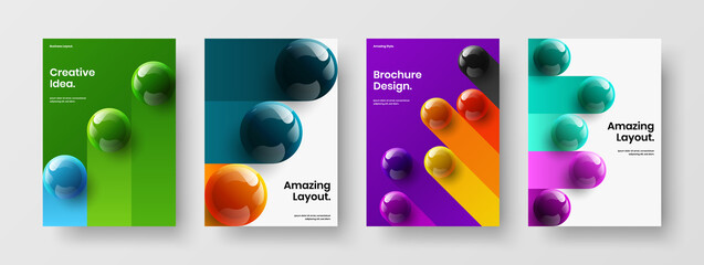 Abstract poster design vector concept set. Multicolored realistic spheres handbill layout collection.
