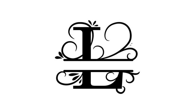 Letter L. Animated logo. Monogram, split letter L. Vintage style, twigs and leaves appear at logo. Letter on transparent background. You can insert a logo on any of your videos. Animated vector