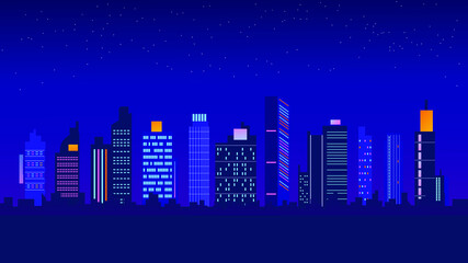 flat illustration of neon city building in night vector, skyscraper urban design background  