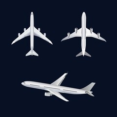 Three planes on a dark blue background, from three angles: top, bottom, side