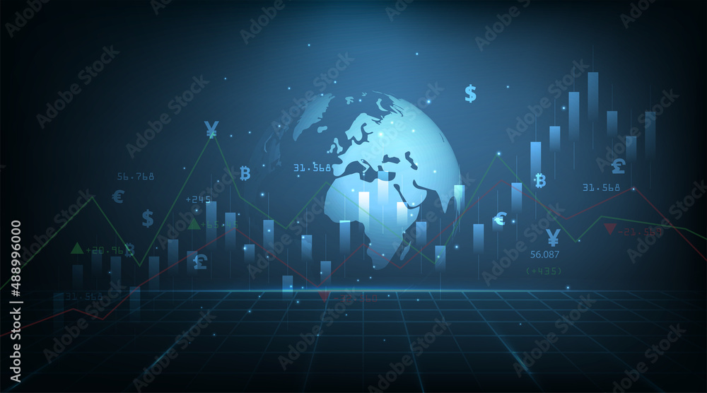 Poster business candle stick graph chart of stock market investment trading concept.world map and graph cha