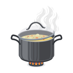 Boiling soup in pan with open lid. Vector illustration.