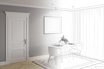 A sketch becomes a real modern classic dining room with a blank horizontal poster above a round table with two elegant chairs, a white classic door, curtains near the window. 3d render