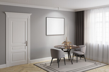 A gray modern classic dining room with a blank illuminated horizontal poster above a round wooden table with two elegant chairs, a white classic door, dark gray curtains near the window. 3d render