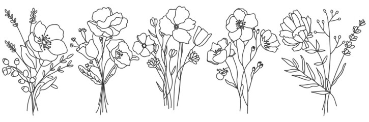 Vector line art hand drawn bouquet of flowers - obrazy, fototapety, plakaty