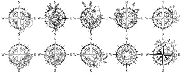Vector hand drawn line art compass with flowers © 4eka