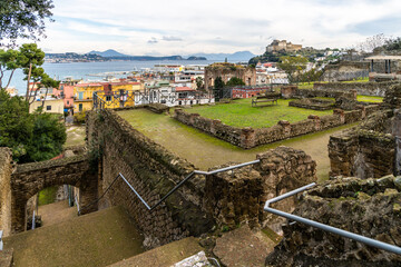 Fototapeta na wymiar View of Baiae archaeology park located on the scenic Gulf of Naples, Campania region, Italy