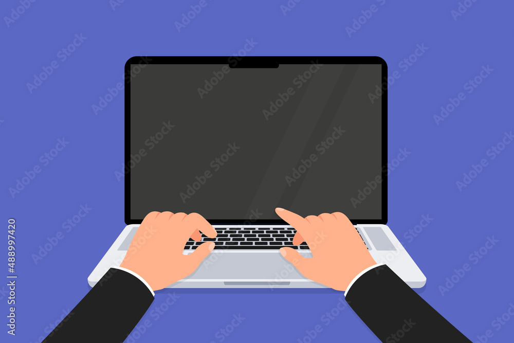 Poster laptop and hands on the keyboard. hands typing on computer. work with device, writing code, planning