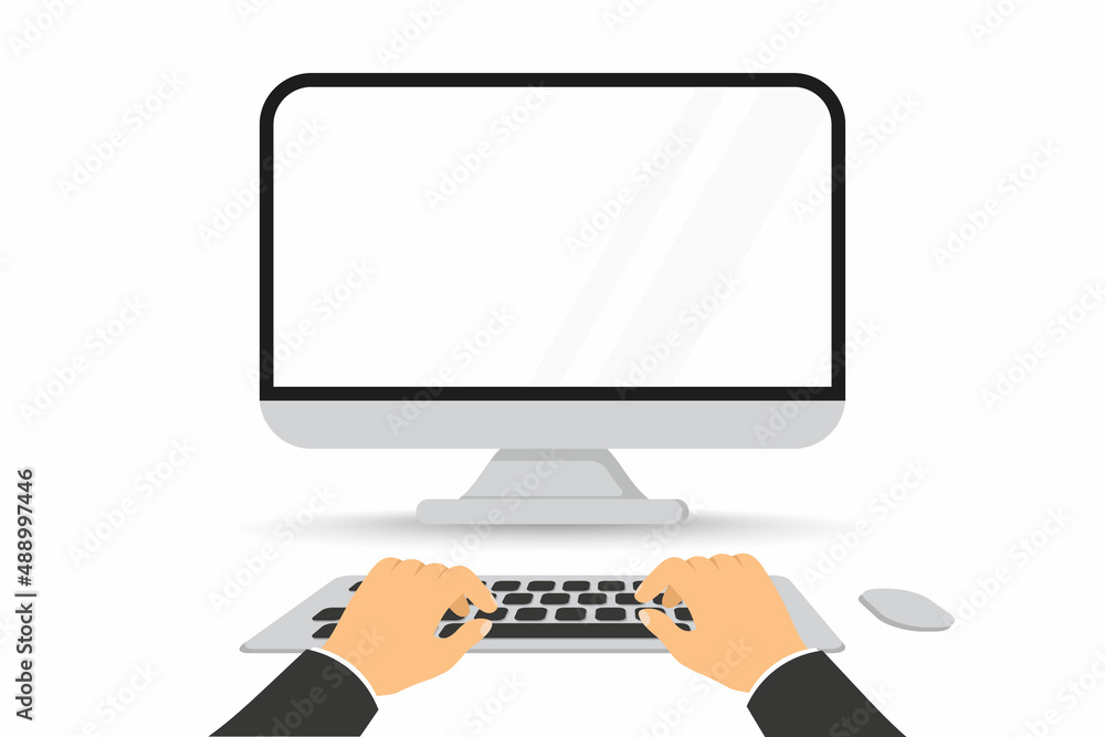 Leinwandbilder hands typing on computer. computer keyboard with blank monitor screen.work in pc, writing code, plan