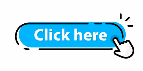 Click here button with hand pointer clicking. Modern click button with computer mouse cursor. Web button with action of hand pointer. UI button concept. Vector illustration - obrazy, fototapety, plakaty