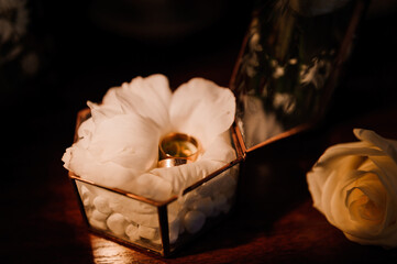 Wedding accessories. Gold wedding rings, groom's boutonniere