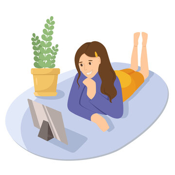 Woman talking on tablet flat vector illustration. Working from home, remote job. Online shopping. Freelance, e-learning concept. Girl lying on floor, using laptop. Freelancer, student character
