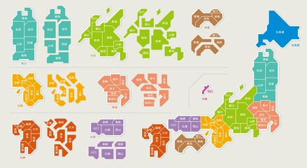 日本地図　色分け　都道府県　イラスト
