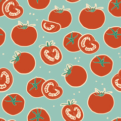 Vintage vector seamless pattern with red tomatoes on a blue background. Whole fruit cut in half and quarter. Repetitive elements.