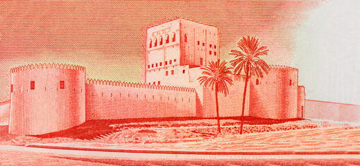 Sohar Fort in Oman, Portrait from Oman 1 Rial 1994 Banknotes.