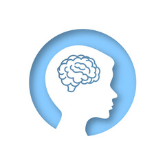 Boy head brain sign icon. Conceptual illustration of migraine in people. Silhouette of a child. Vector clipart illustration. Paper cut