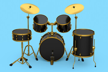 Obraz na płótnie Canvas Set of realistic drums with metal cymbals or drumset on blue background