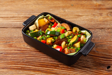 Vegan stew. Prepared in a roasting pan.