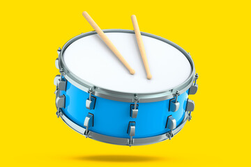 Realistic drum and wooden drum sticks on yellow. 3d render of musical instrument