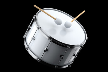 Fototapeta na wymiar Realistic drum and wooden drum sticks on black. 3d render of musical instrument