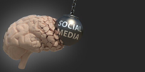 Brain hit by wrecking ball with Social media text, medical conceptual 3D rendering
