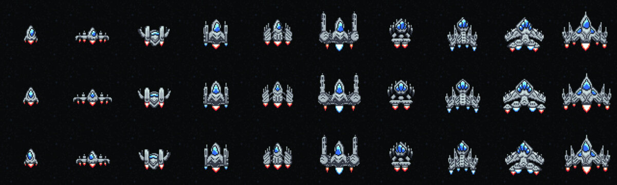 Pixel art spaceships. Animated space starship for retro arcade game. Left and right turn for animation vector set
