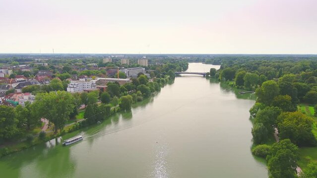 Munster: Aerial view of city in Germany, Recreational lake M&uuml;nstersche Aa (Aasee) - landscape panorama of Europe from above