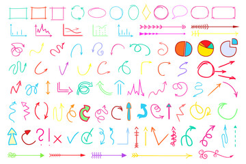 Infographic elements on isolated white background. Hand drawn simple arrows and frames. Line art. Set of different pointers. Abstract indicators. Doodles for work. Art creation