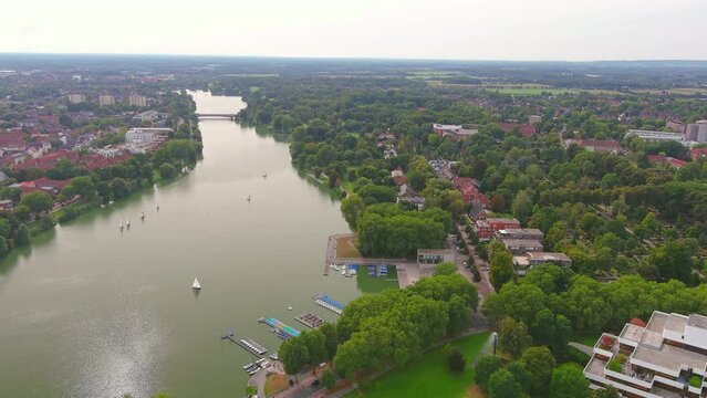 Munster: Aerial view of city in Germany, Recreational lake M&uuml;nstersche Aa (Aasee) - landscape panorama of Europe from above