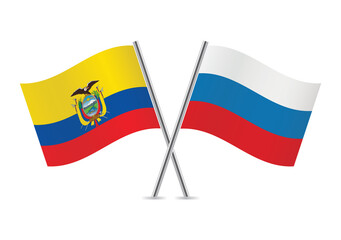 Ecuador and Russia crossed flags. Ecuadoran and Russian flags, isolated on white background. Vector icon set. Vector illustration.