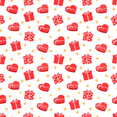Seamless pattern with gift boxes and candy boxes. Vector texture illustration for valentine's day, christmas and other holidays for postcard, textile, decor, paper, texture, wrapping.