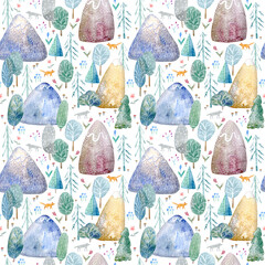 Seamless pattern of forest,mountain,fox,wolf .Trees,plants and floral.Landscape tourism.Watercolor hand drawn illustration.White background.	 - 489001274
