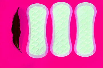 women's pads with leaves on a pink background  