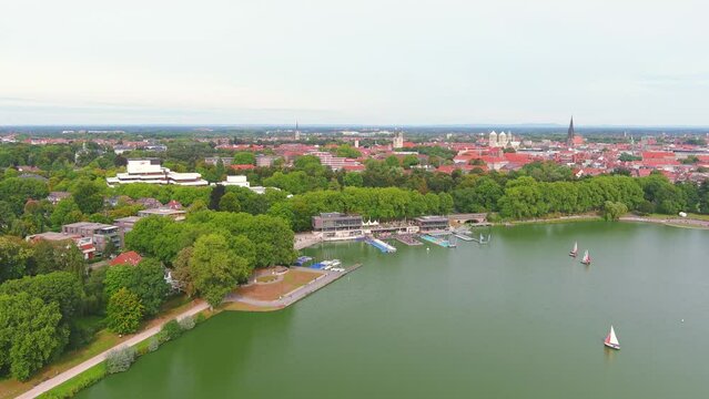 Munster: Aerial view of city in Germany, Recreational lake M&uuml;nstersche Aa (Aasee) - landscape panorama of Europe from above