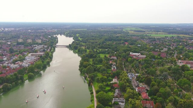 Munster: Aerial view of city in Germany, Recreational lake M&uuml;nstersche Aa (Aasee) - landscape panorama of Europe from above