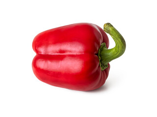 Bright red bell pepper with a thick green peduncle on a white background
