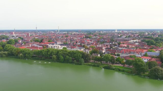 Munster: Aerial view of city in Germany, Recreational lake M&uuml;nstersche Aa (Aasee) - landscape panorama of Europe from above