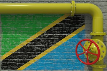 Flag of Tanzania and industrial pipe with valve. 3d rendering