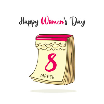 8 March, Happy Women's Day. Lettering and calendar with date. Isolated. Vector illustration