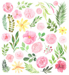 Watercolor delicate pink flowers and leaves