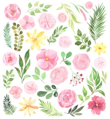 Behang Watercolor delicate pink flowers and leaves © lisagerrard99