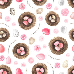 Seamless pattern withl watercolor easter eggs and nest