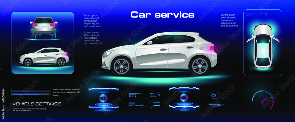 Poster car user interface with hud elements. user interface with options, parameters, settings and electron