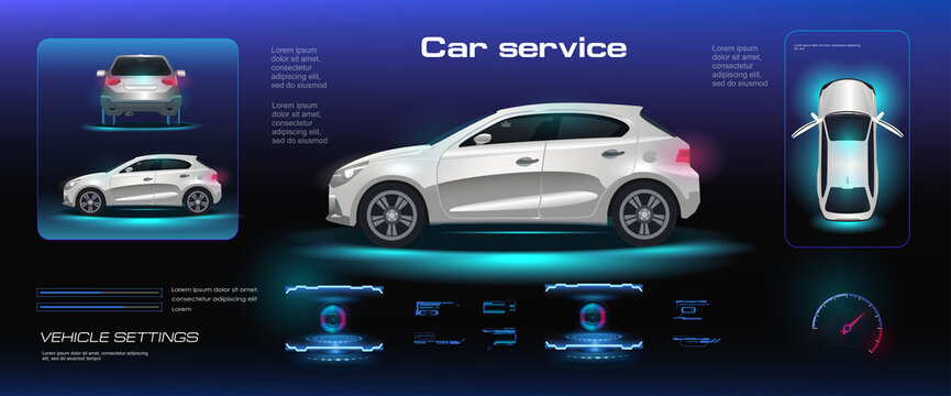 Car user interface with HUD elements. User interface with options, parameters, settings and electronics information for the entire vehicle. Realistic car in three projections with HUD interface